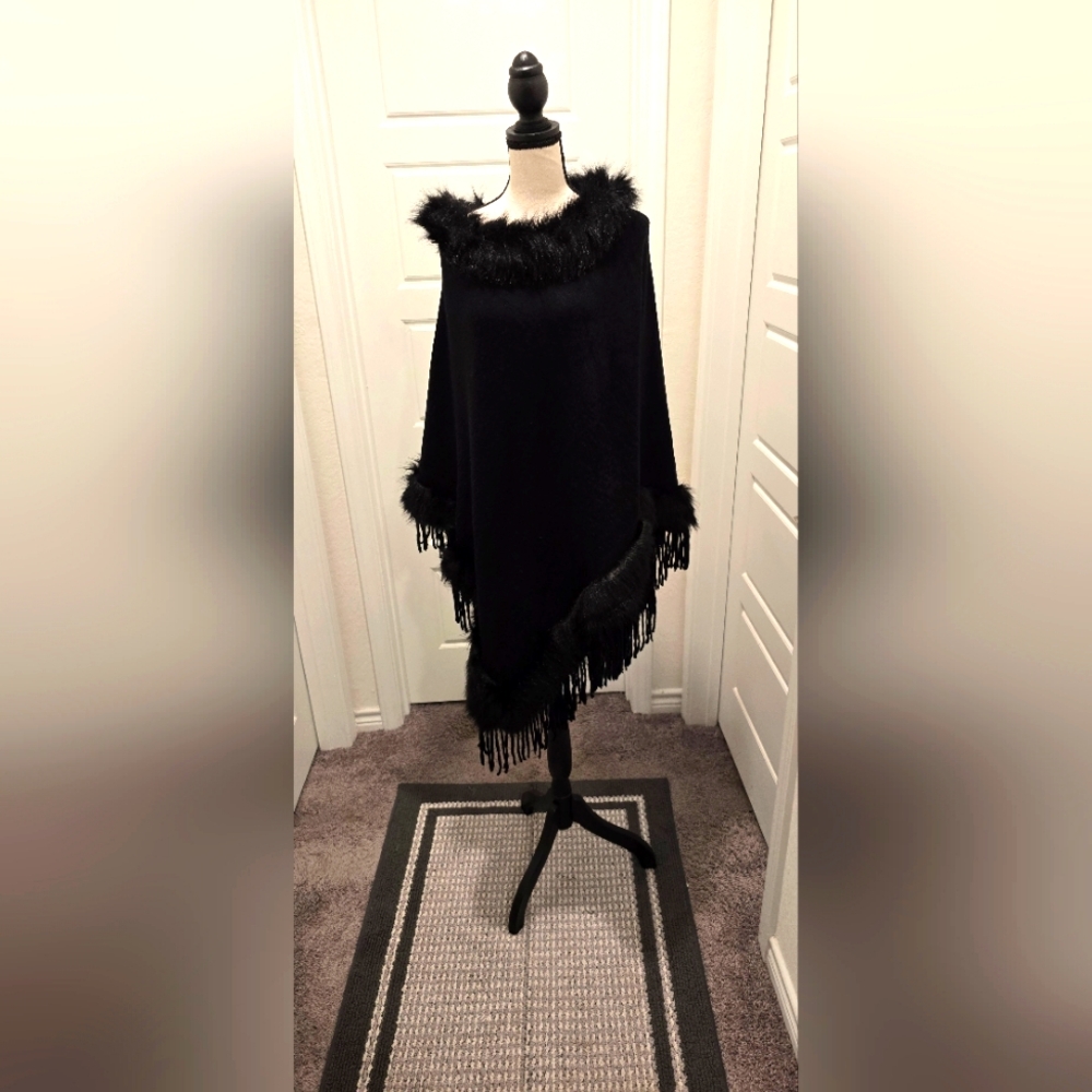 Silk Route Faux Fur Top & Bottom Poncho, Black. One size